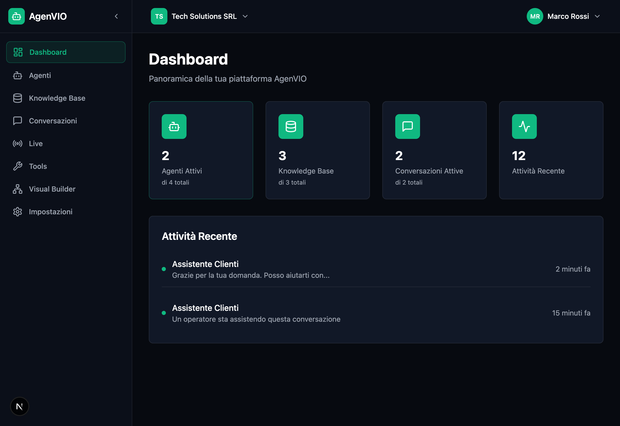 Dashboard principale piattaforma AgenVIO per gestione agenti AI conversazionali